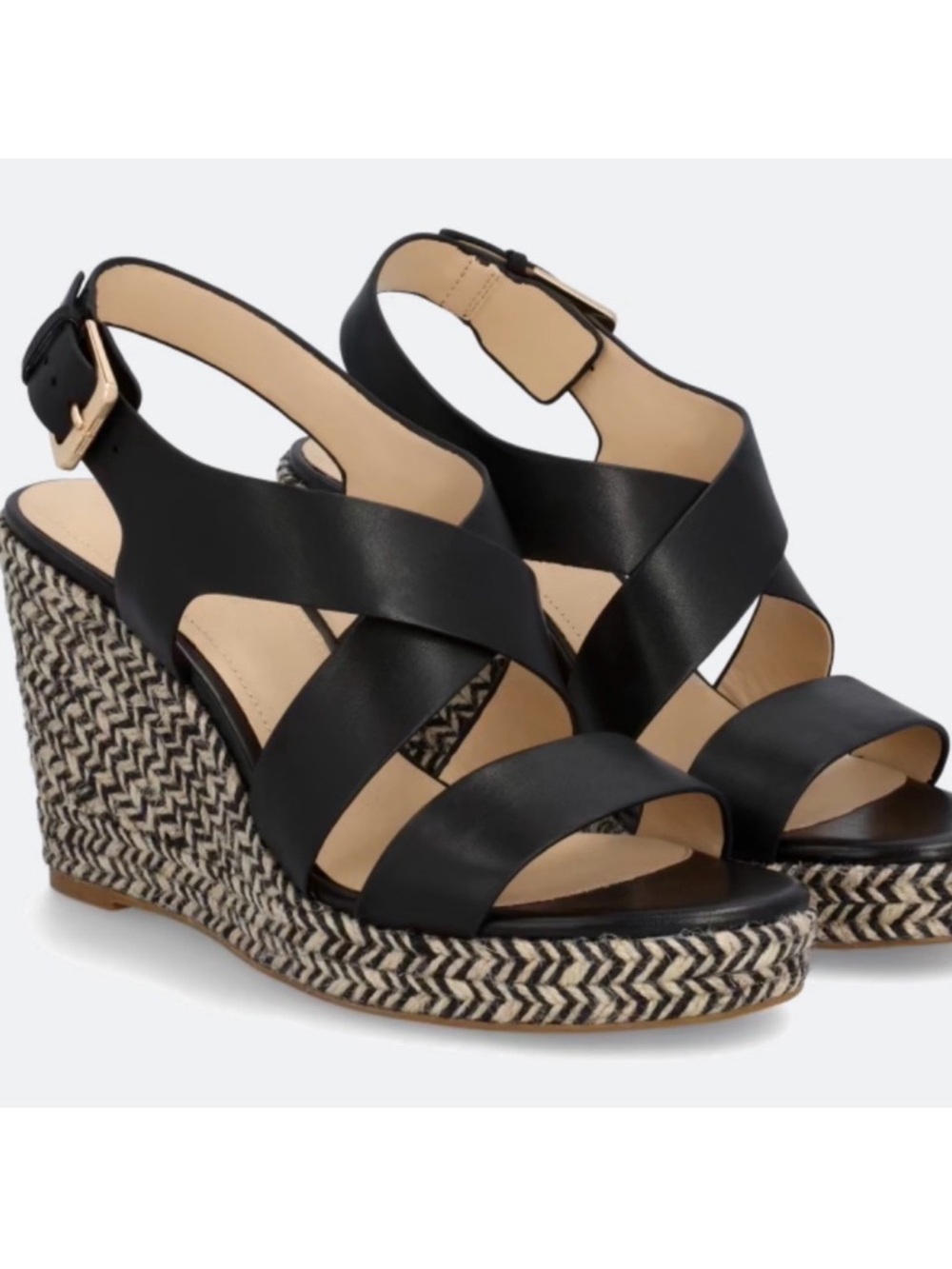 LIVERPOOL 10 Hills Black Leather Jute Wedge Platform Espadrille Strap Sandal